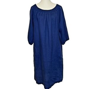 Boden NWT Blue Linen Shift Dress Smocked Neck Pockets Lagenlook Preppy 12R